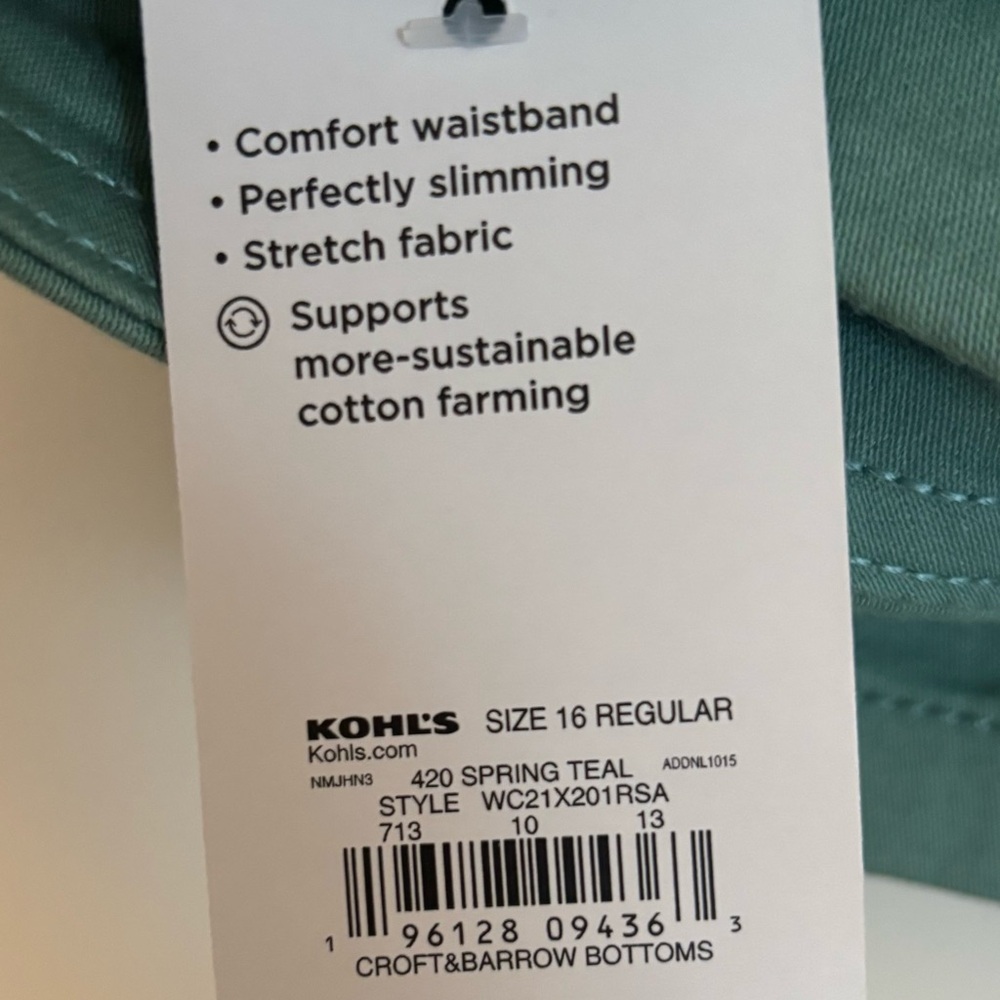 Croft & Barrow Straight Mid Rise Pants 16 Regular Color Spring Teal - Picture 5 of 10